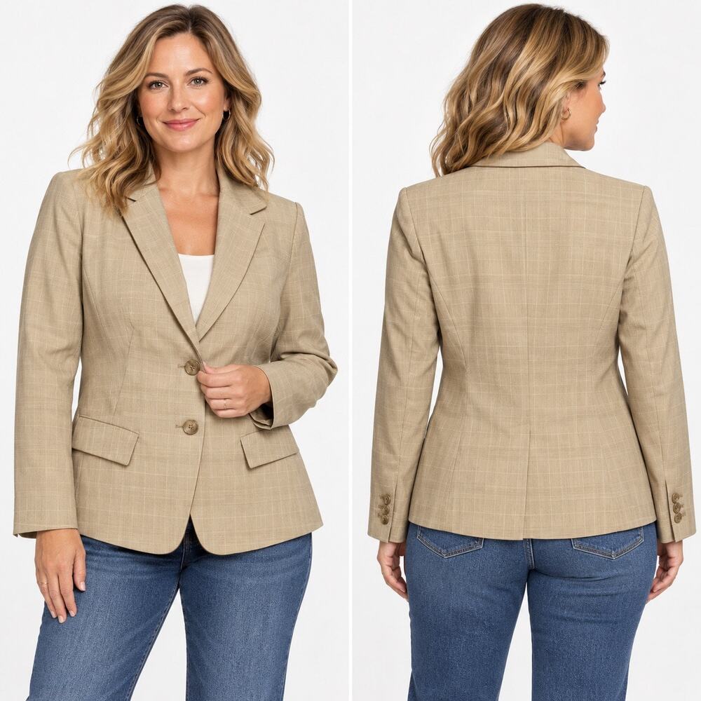 NWT Jones New York Broadway Blazer Taupe Plaid Stretch Sz16 Classic Tailored